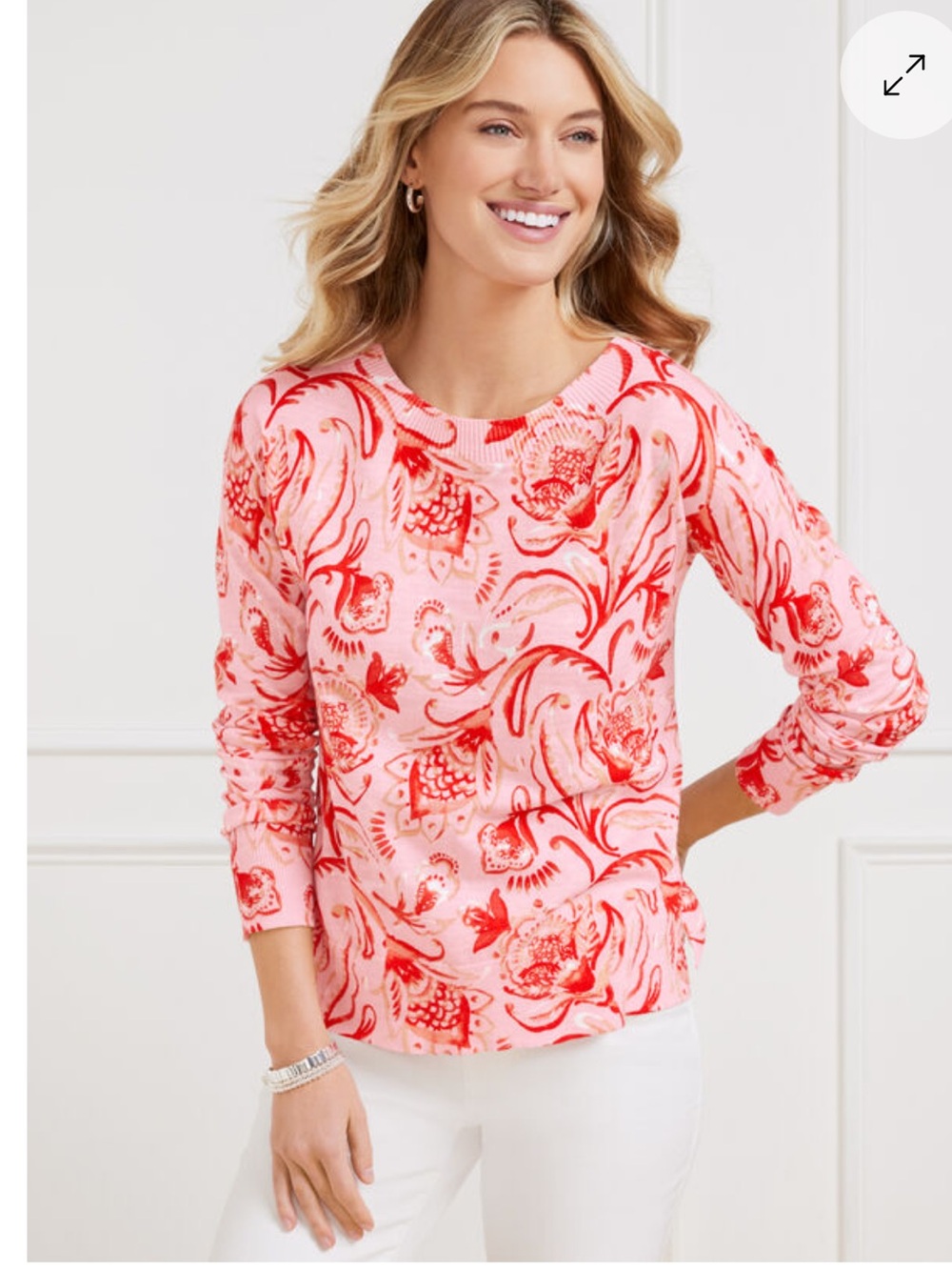 Talbots Pink Red Floral Crewneck Lightweight Cotton Sweater Jacobean Fantasia XL